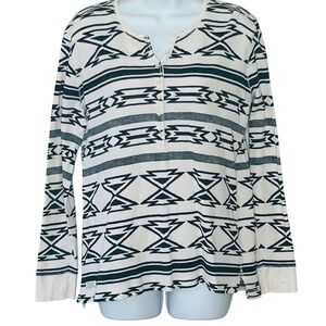 Lauren Ralph Lauren XL White Navy Southwestern Geometric Waffle Knit Henley Top